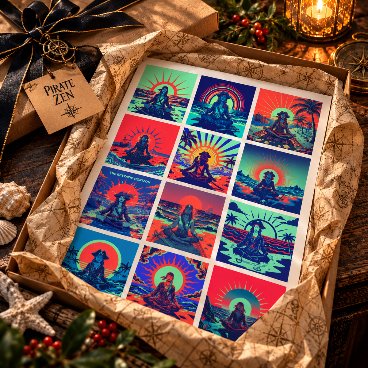 Pirate Zen Meditation Wall Art poster, 12 panels of meditating female pirates in seafoam green, cobalt and coral red - alternate view