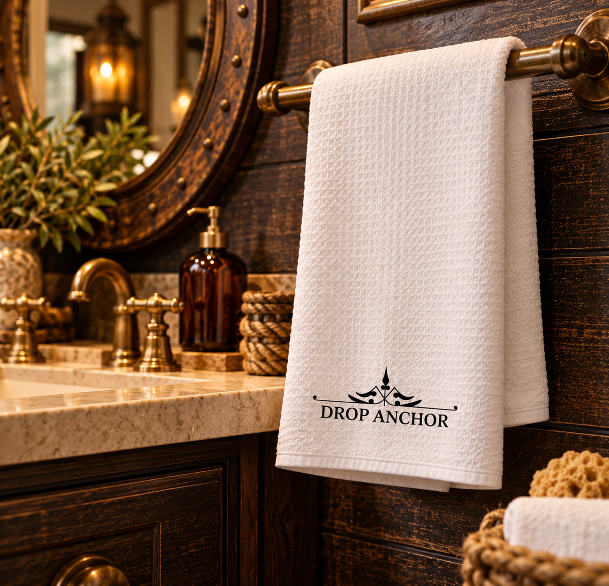 White microfiber pirate bathroom hand towel printed with "DROP ANCHOR" in black lettering over a vintage scroll flourish, 16 x 25 inches