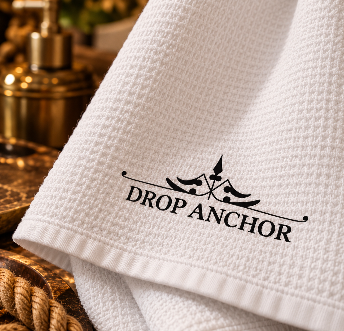 White microfiber pirate bathroom hand towel printed with "DROP ANCHOR" in black lettering over a vintage scroll flourish, 16 x 25 inches, alternate view
