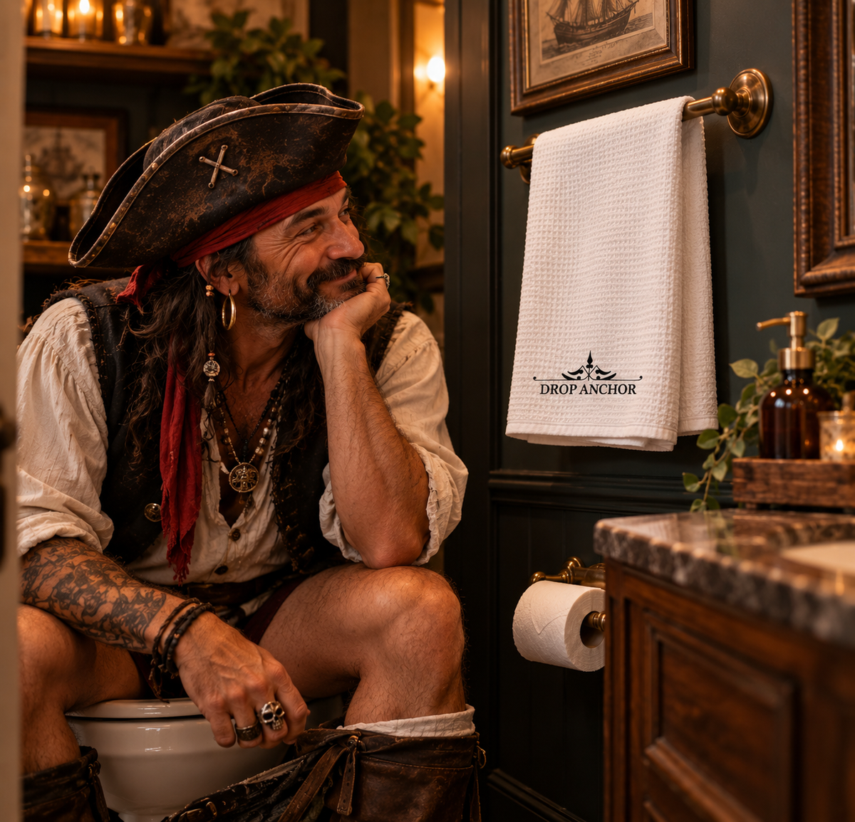 White microfiber pirate bathroom hand towel printed with "DROP ANCHOR" in black lettering over a vintage scroll flourish, 16 x 25 inches, alternate view