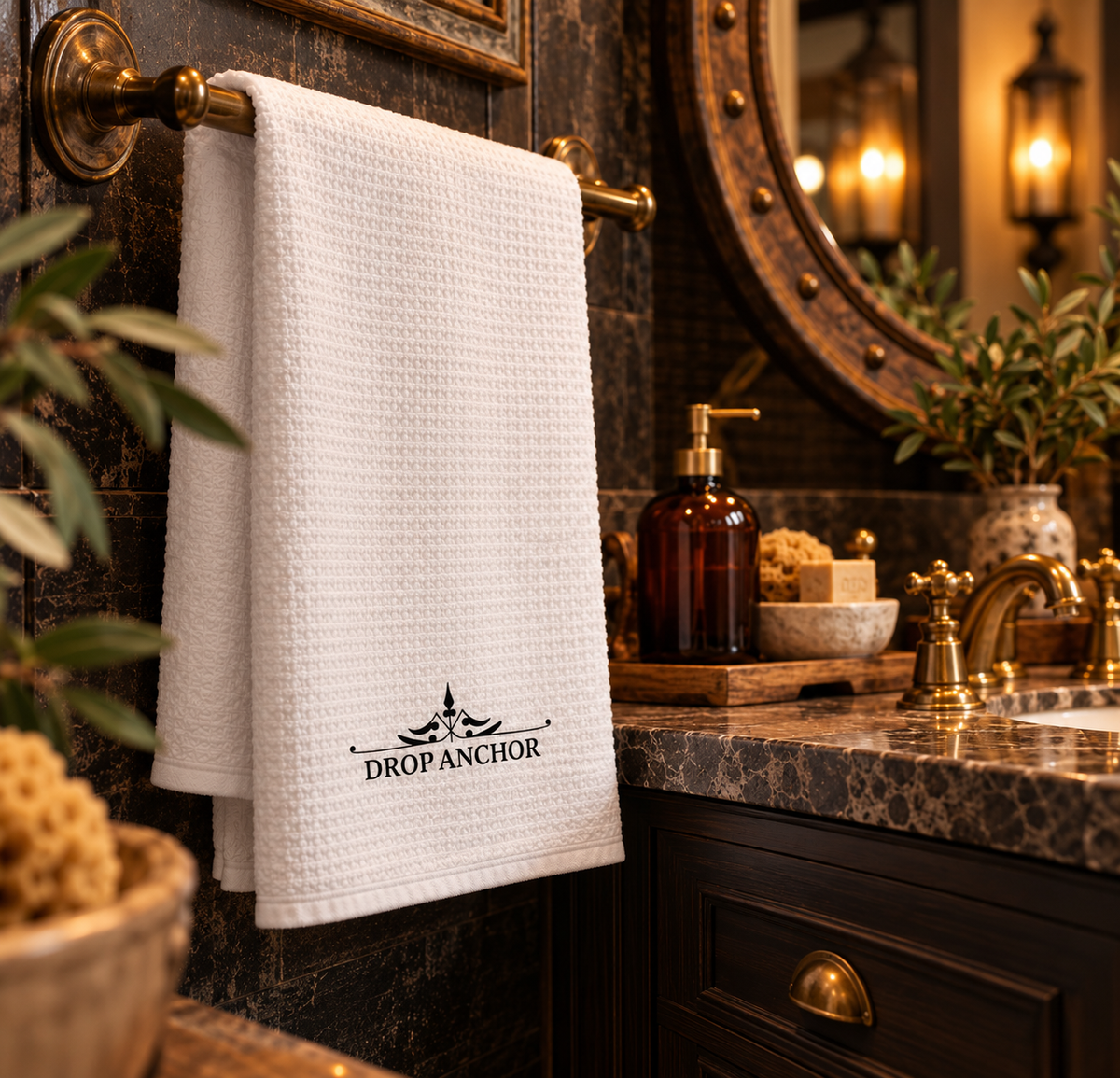 White microfiber pirate bathroom hand towel printed with "DROP ANCHOR" in black lettering over a vintage scroll flourish, 16 x 25 inches, alternate view