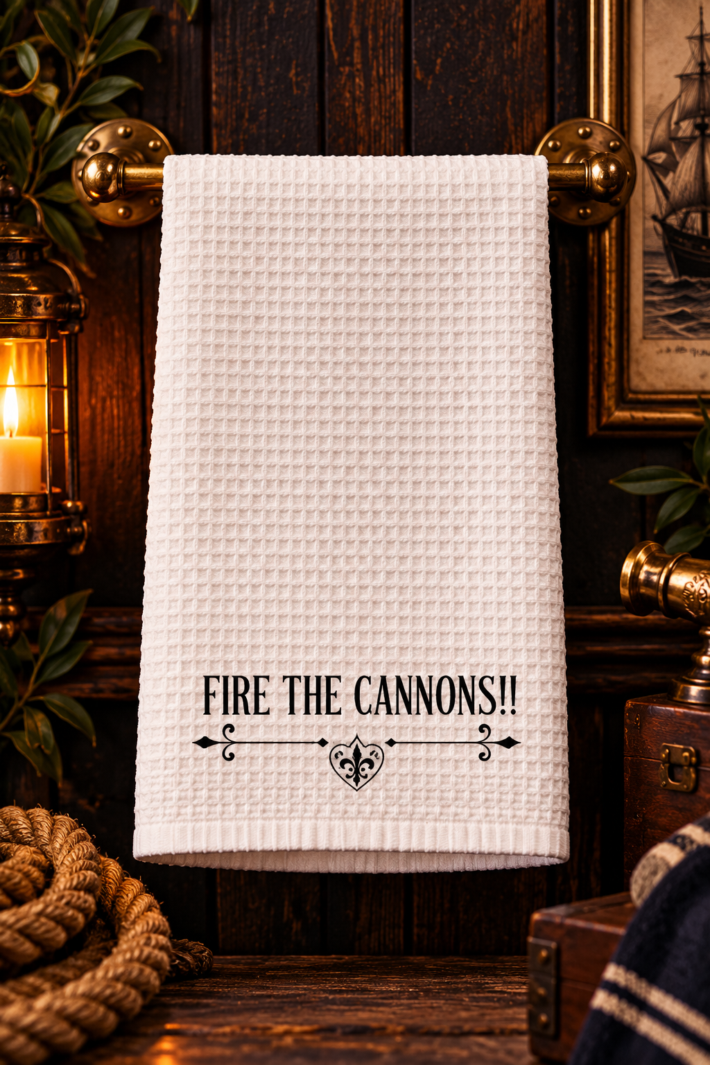 White microfiber pirate bathroom hand towel printed with "FIRE THE CANNONS!!" in black lettering over a vintage scroll flourish, 16 x 25 inches