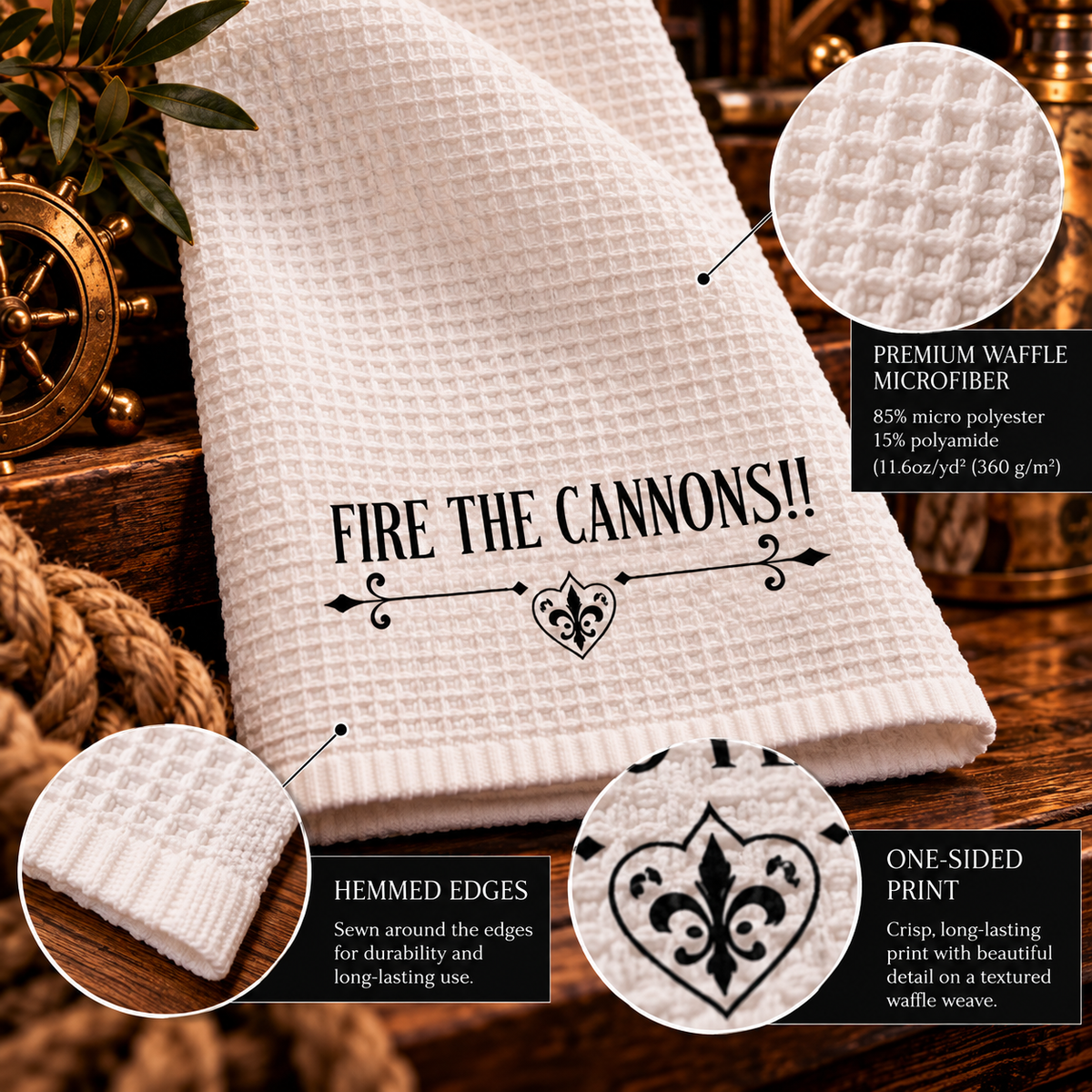 White microfiber pirate bathroom hand towel printed with "FIRE THE CANNONS!!" in black lettering over a vintage scroll flourish, 16 x 25 inches, alternate view