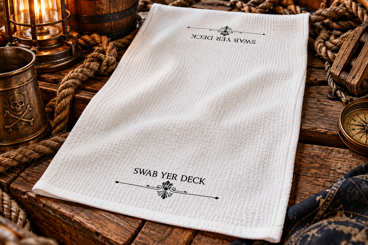 White microfiber pirate bathroom hand towel printed with "SWAB YER DECK" in black lettering over a vintage scroll flourish, 16 x 25 inches