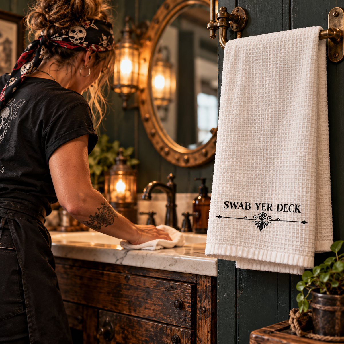 White microfiber pirate bathroom hand towel printed with "SWAB YER DECK" in black lettering over a vintage scroll flourish, 16 x 25 inches, alternate view