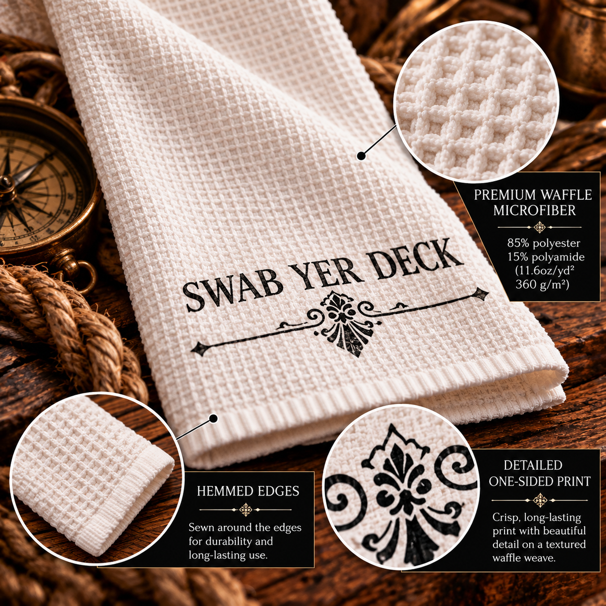 White microfiber pirate bathroom hand towel printed with "SWAB YER DECK" in black lettering over a vintage scroll flourish, 16 x 25 inches, alternate view
