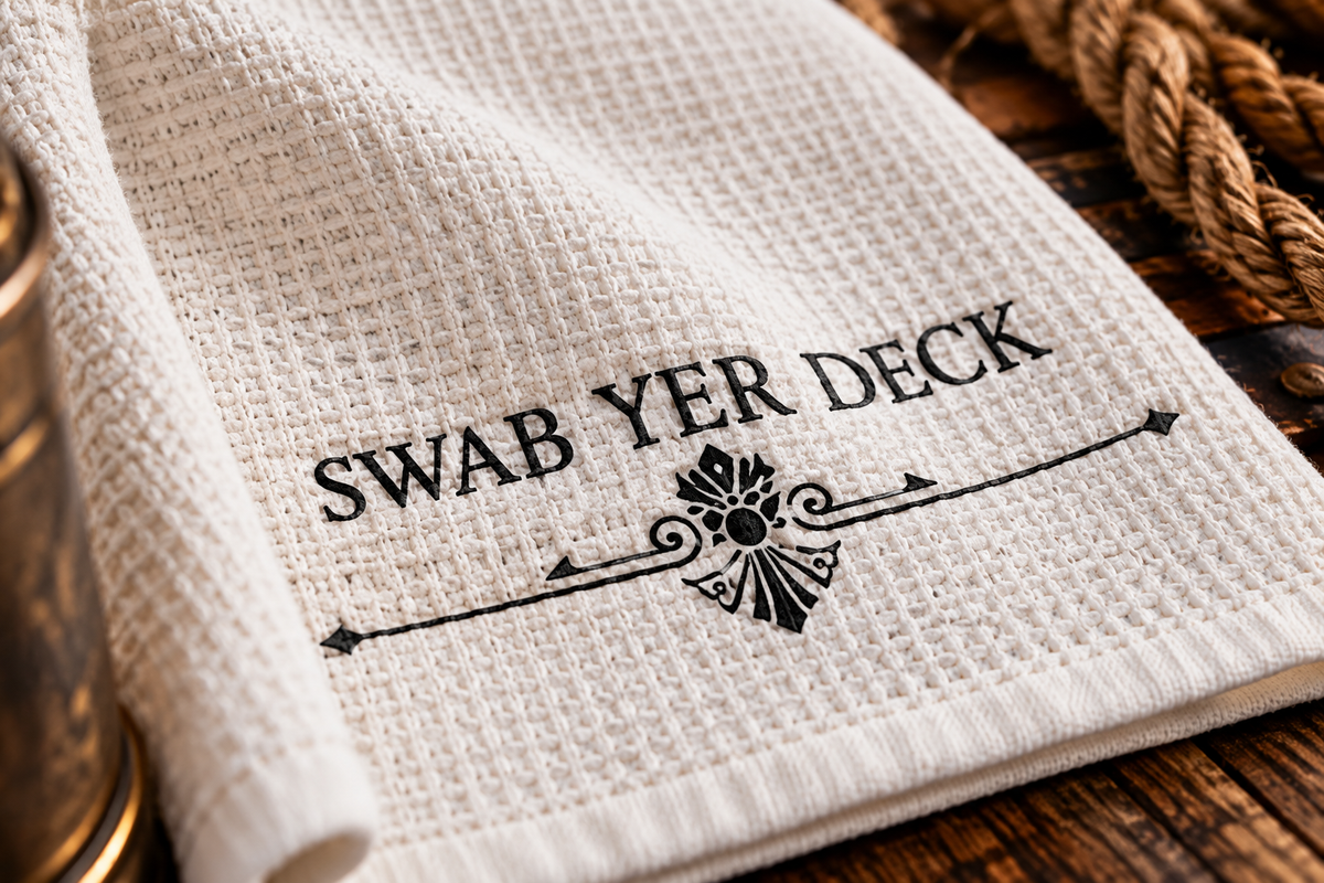 White microfiber pirate bathroom hand towel printed with "SWAB YER DECK" in black lettering over a vintage scroll flourish, 16 x 25 inches, alternate view