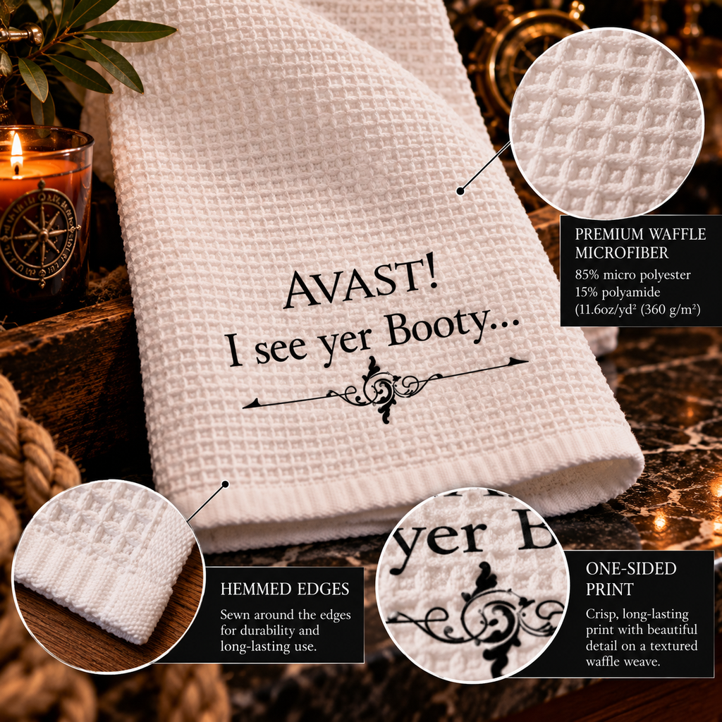 White microfiber pirate bathroom hand towel printed with "AVAST! I see yer Booty..." in black lettering over a vintage scroll flourish, 16 x 25 inches, alternate view