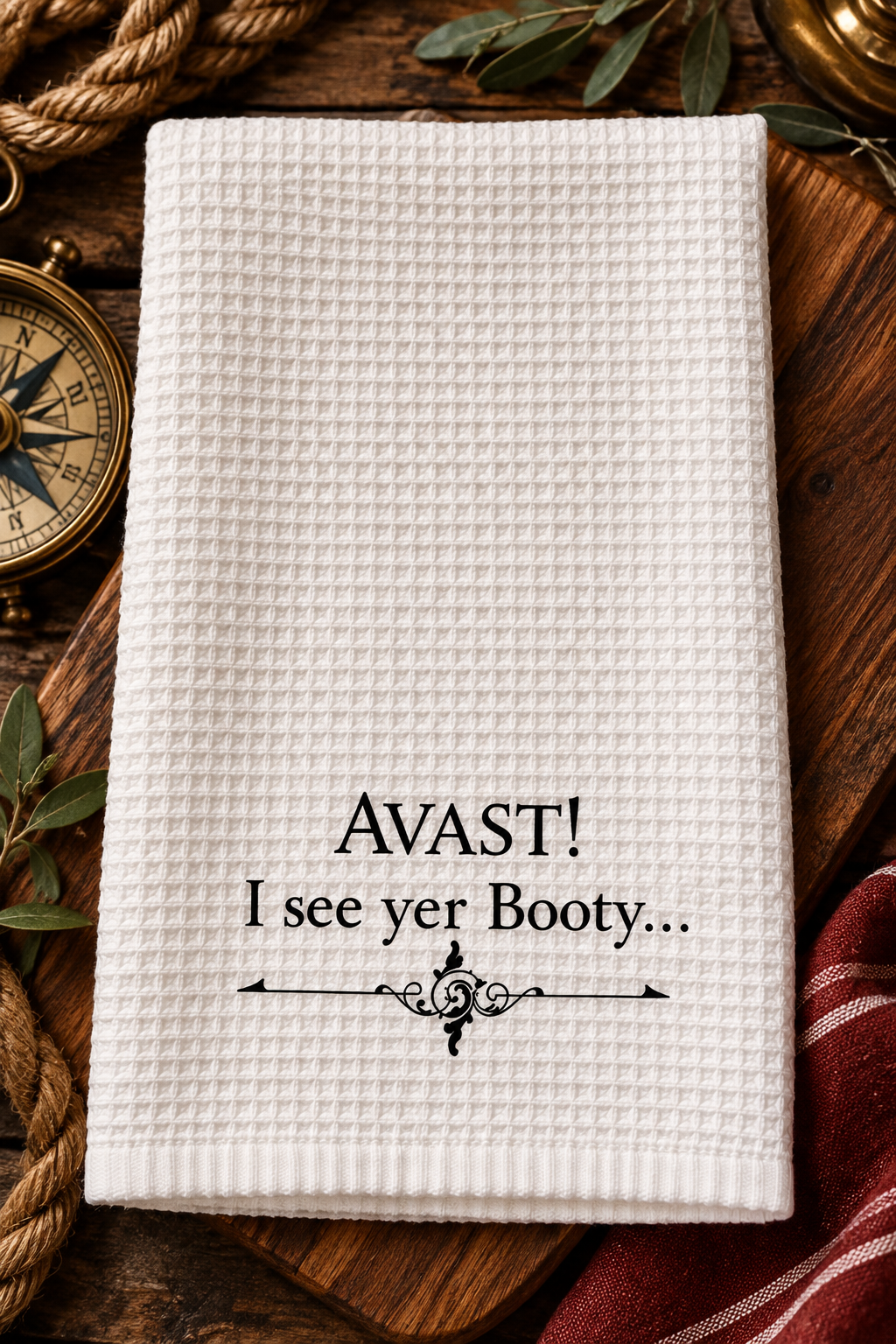 White microfiber pirate bathroom hand towel printed with "AVAST! I see yer Booty..." in black lettering over a vintage scroll flourish, 16 x 25 inches, alternate view