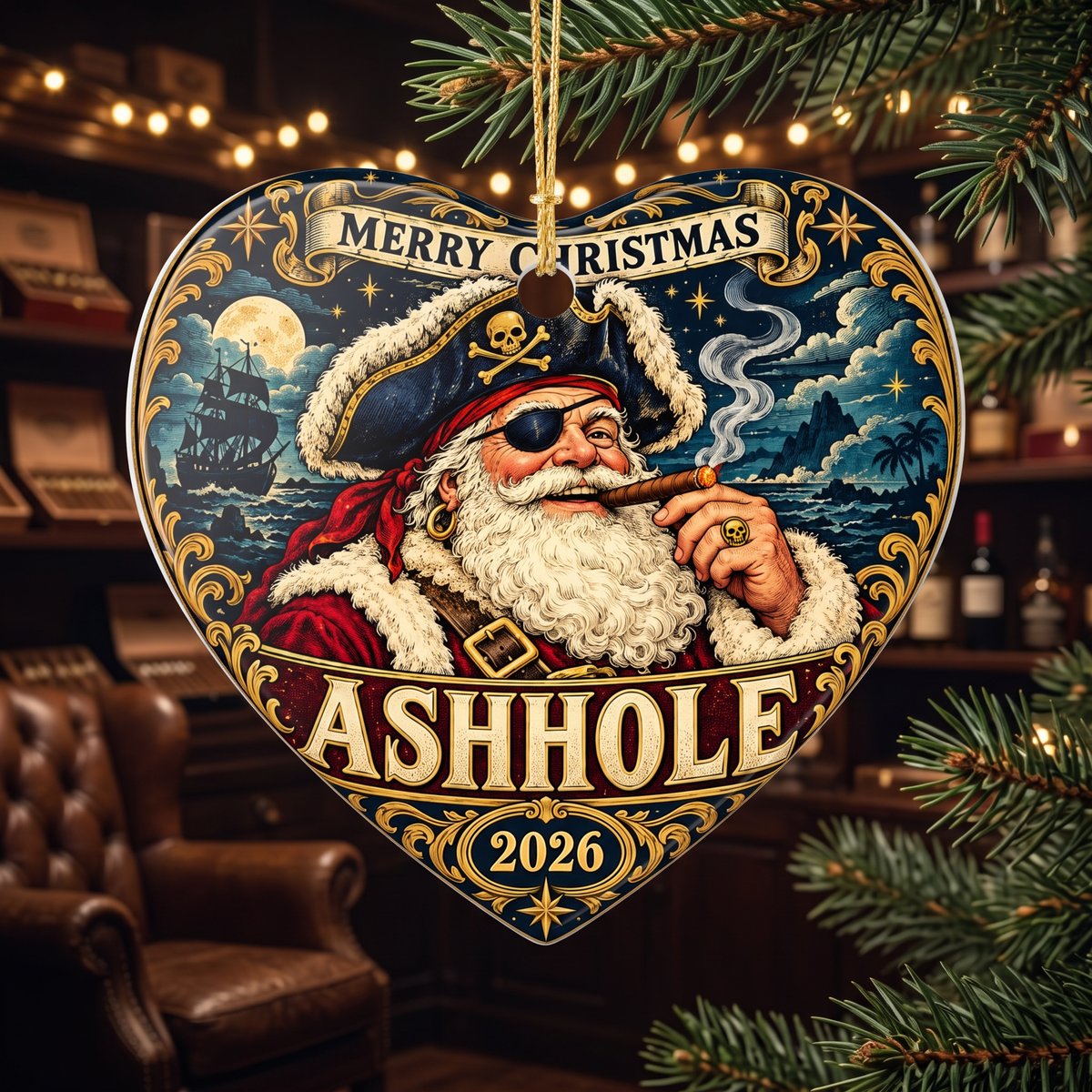Merry Christmas Ashhole ceramic heart ornament, Pirate Santa with a cigar, hanging in a cigar lounge