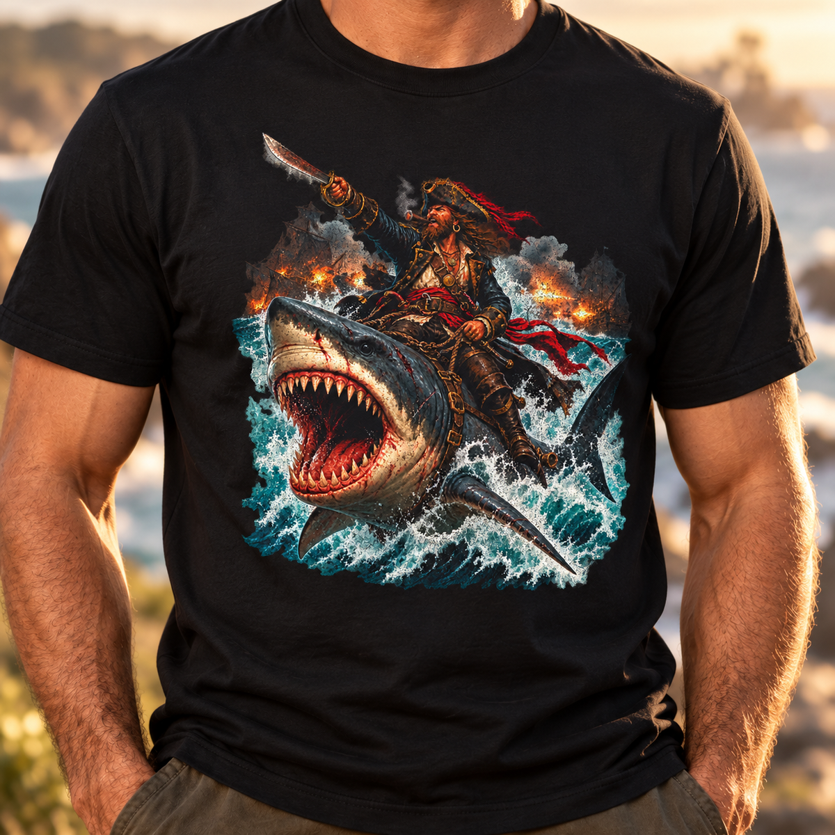 Close-up of the chest print: a pirate with a cigar and raised cutlass riding a great white shark through a sea battle