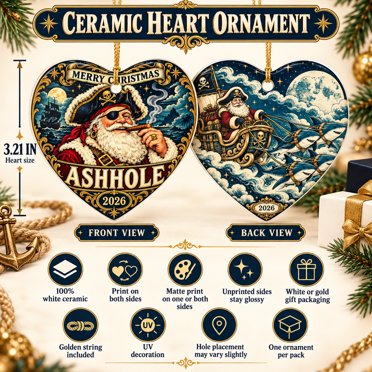 Merry Christmas Ashhole ceramic heart ornament front and back, 3.21 inch size chart