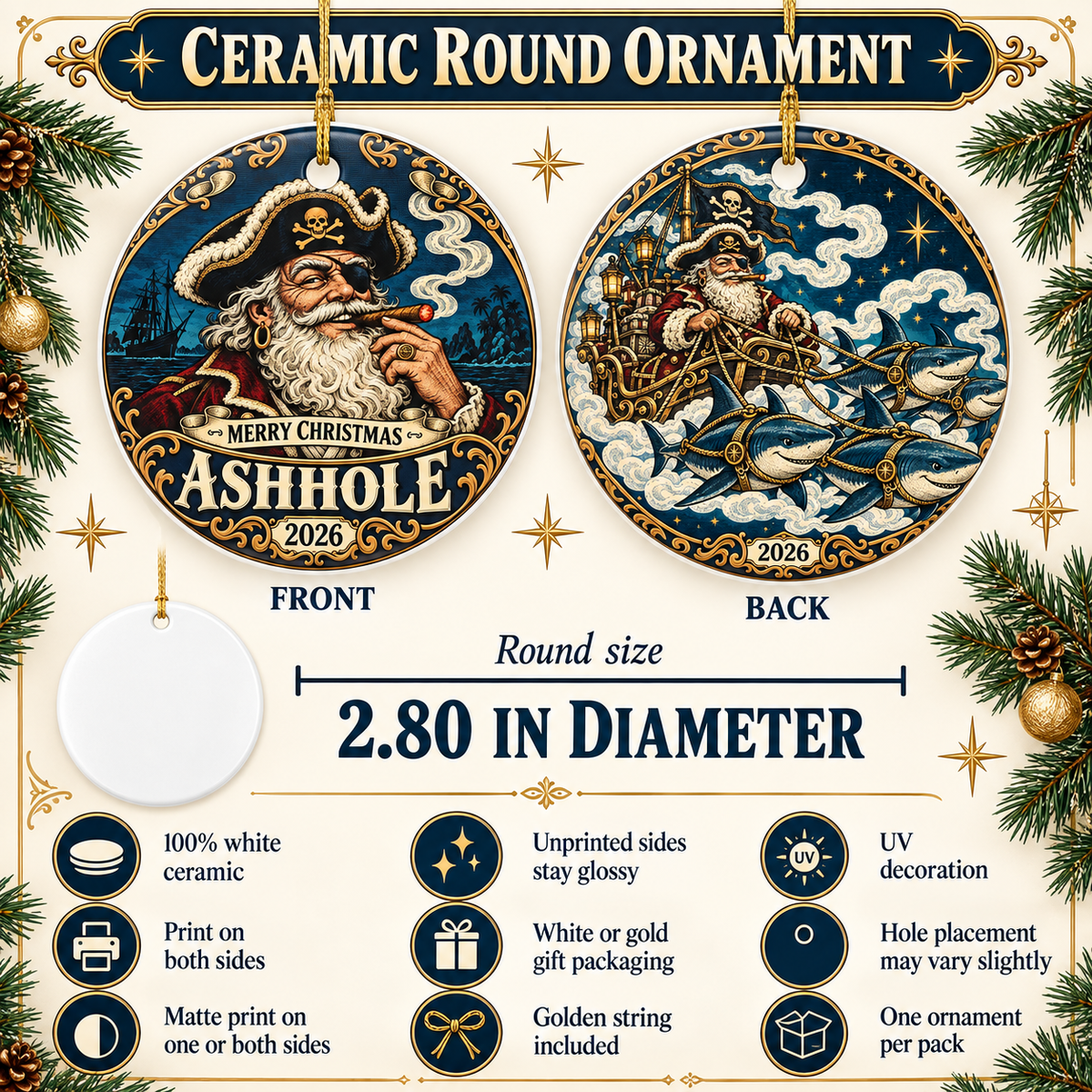 Merry Christmas Ashhole ceramic round ornament front and back, 2.80 inch diameter size chart