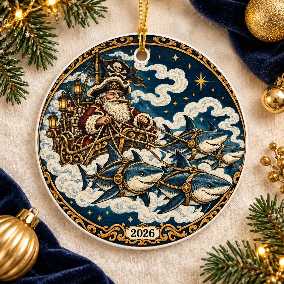 Merry Christmas Ashhole ceramic round ornament, back with Pirate Santa's sleigh pulled by sharks