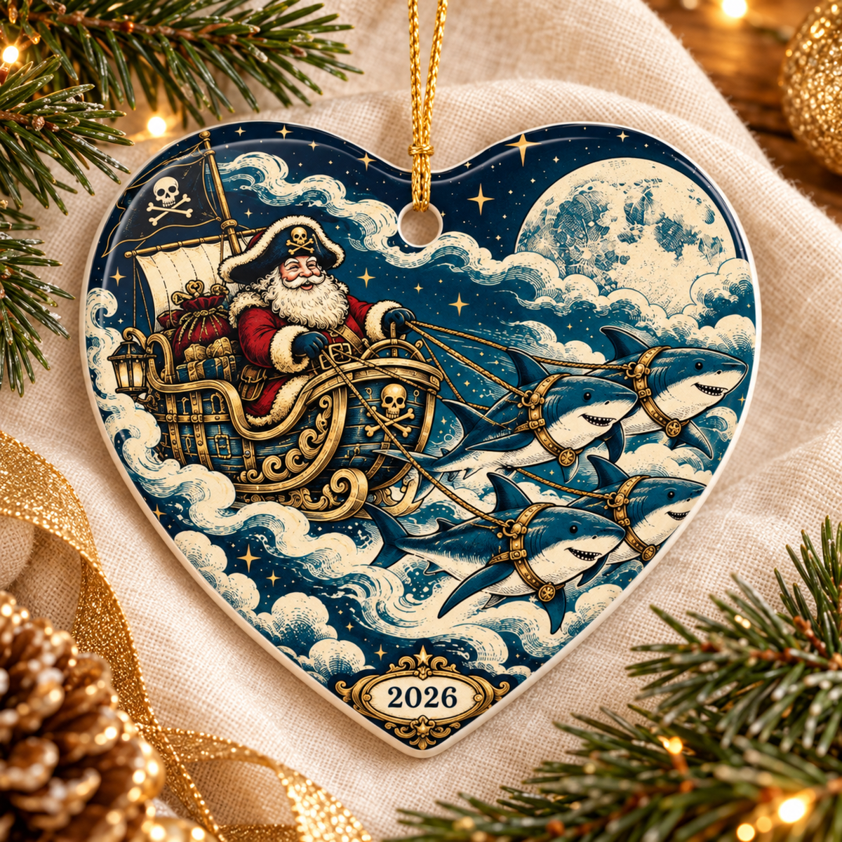 Merry Christmas Ashhole ceramic heart ornament, back with Pirate Santa's sleigh pulled by sharks