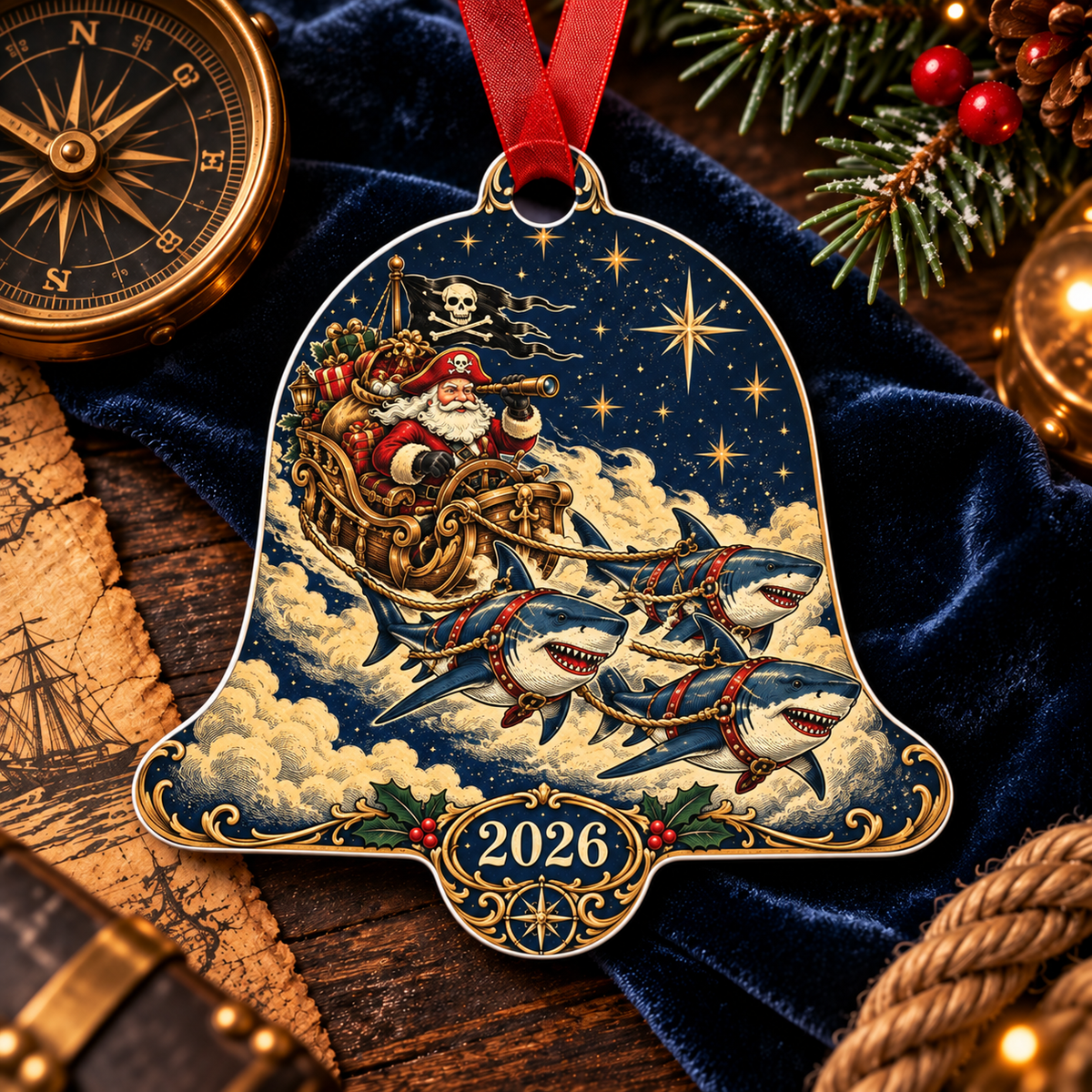 Merry Christmas Ashhole bell metal ornament, back with Pirate Santa's shark-pulled sleigh and 2026