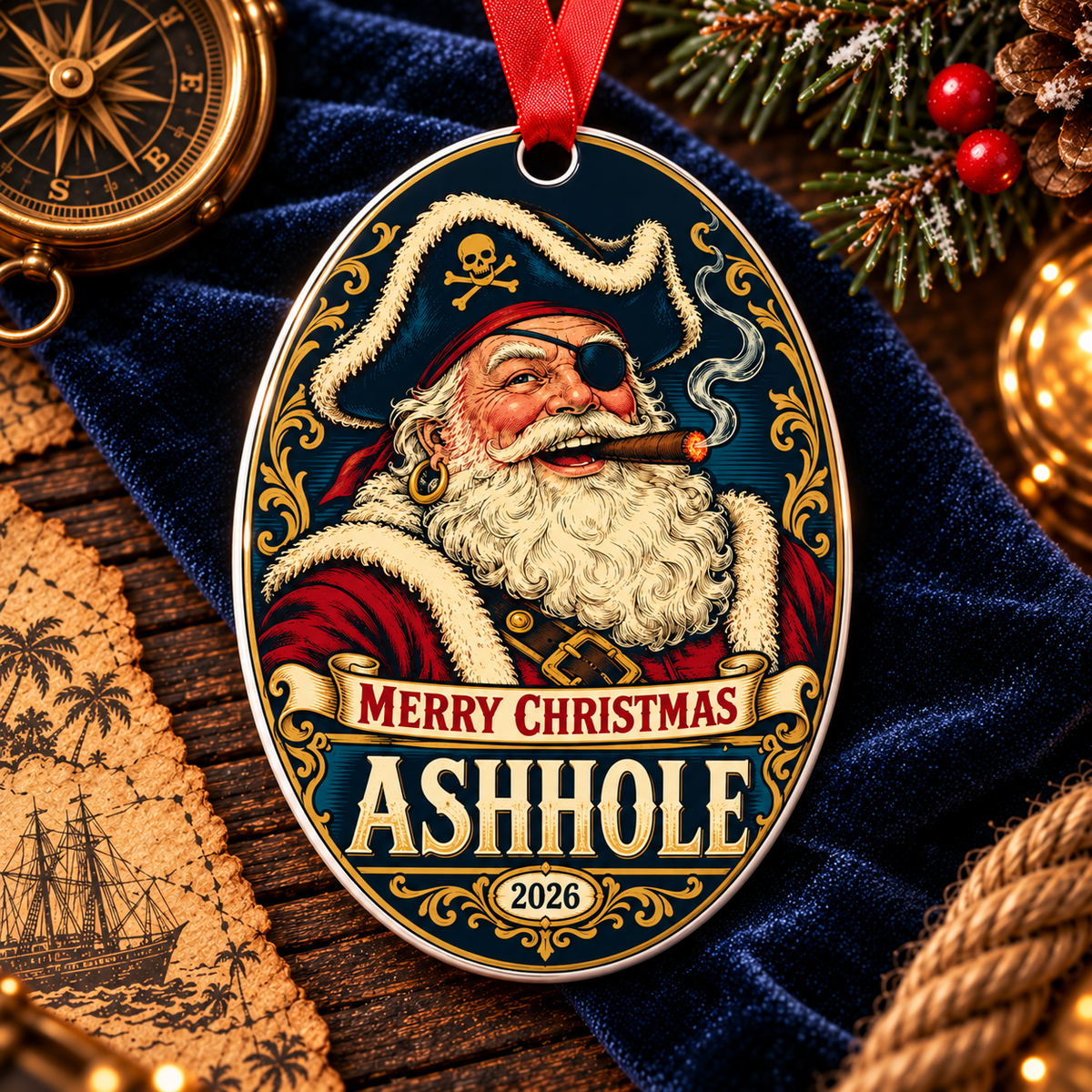 Merry Christmas Ashhole oval metal ornament, front with Pirate Santa smoking a cigar
