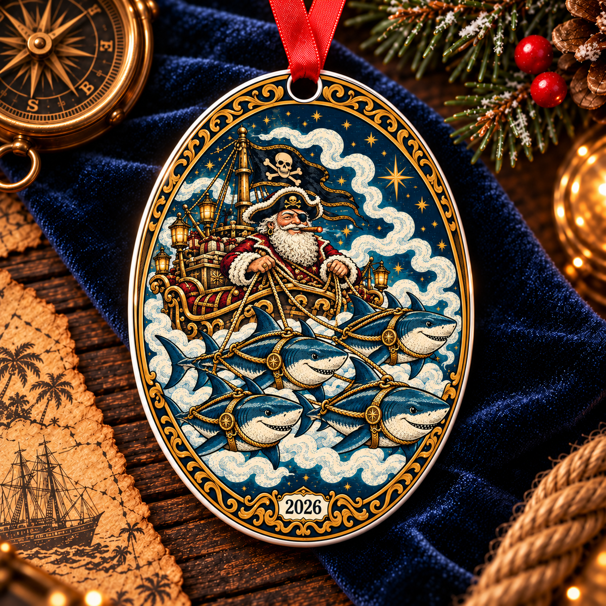 Merry Christmas Ashhole oval metal ornament, back with Pirate Santa's shark-pulled sleigh