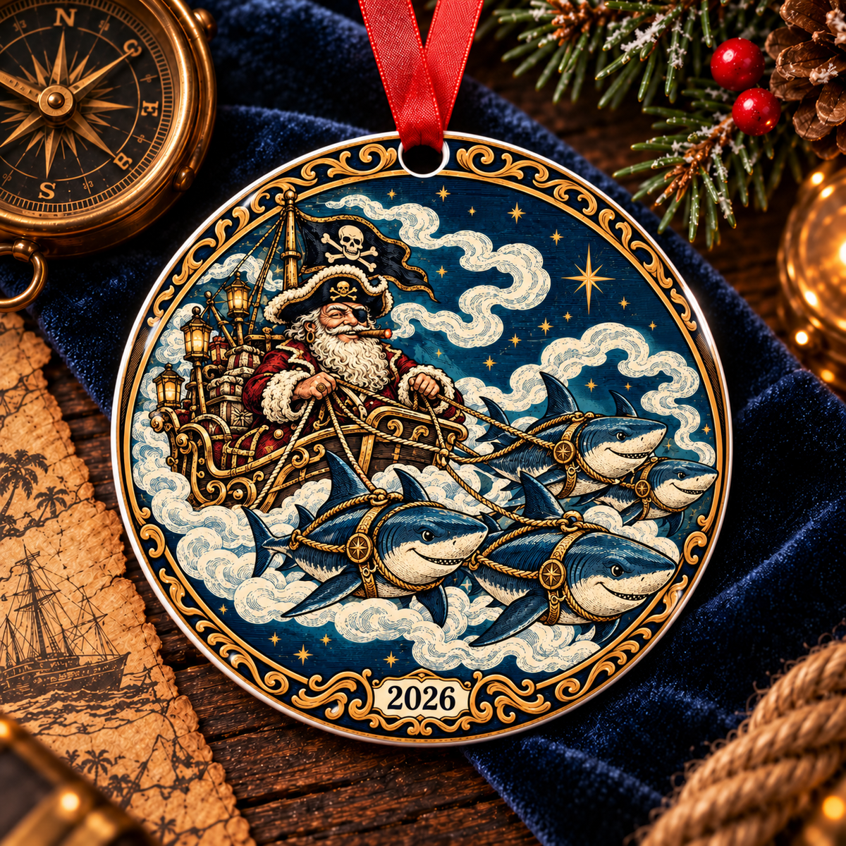 Merry Christmas Ashhole round metal ornament, back with Pirate Santa's sleigh pulled by sharks