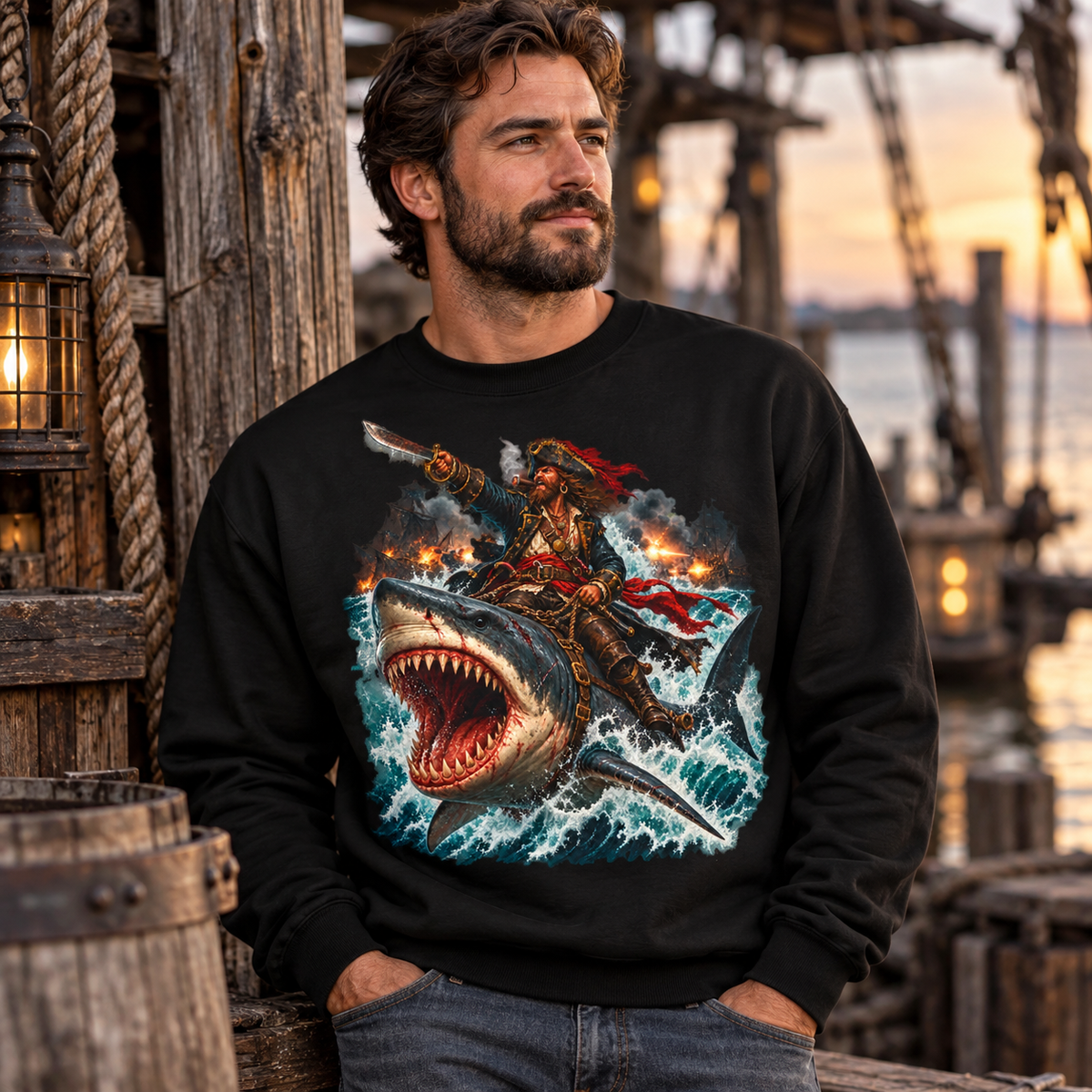 Officer Ashhole Shark Rider Sweatshirt: a bearded pirate with a lit cigar riding a great white shark through a burning sea battle, printed on a Gildan Softstyle crewneck