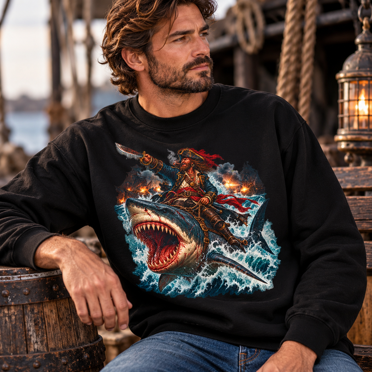 Officer Ashhole Shark Rider Sweatshirt: a bearded pirate with a lit cigar riding a great white shark through a burning sea battle, printed on a Gildan Softstyle crewneck - alternate view
