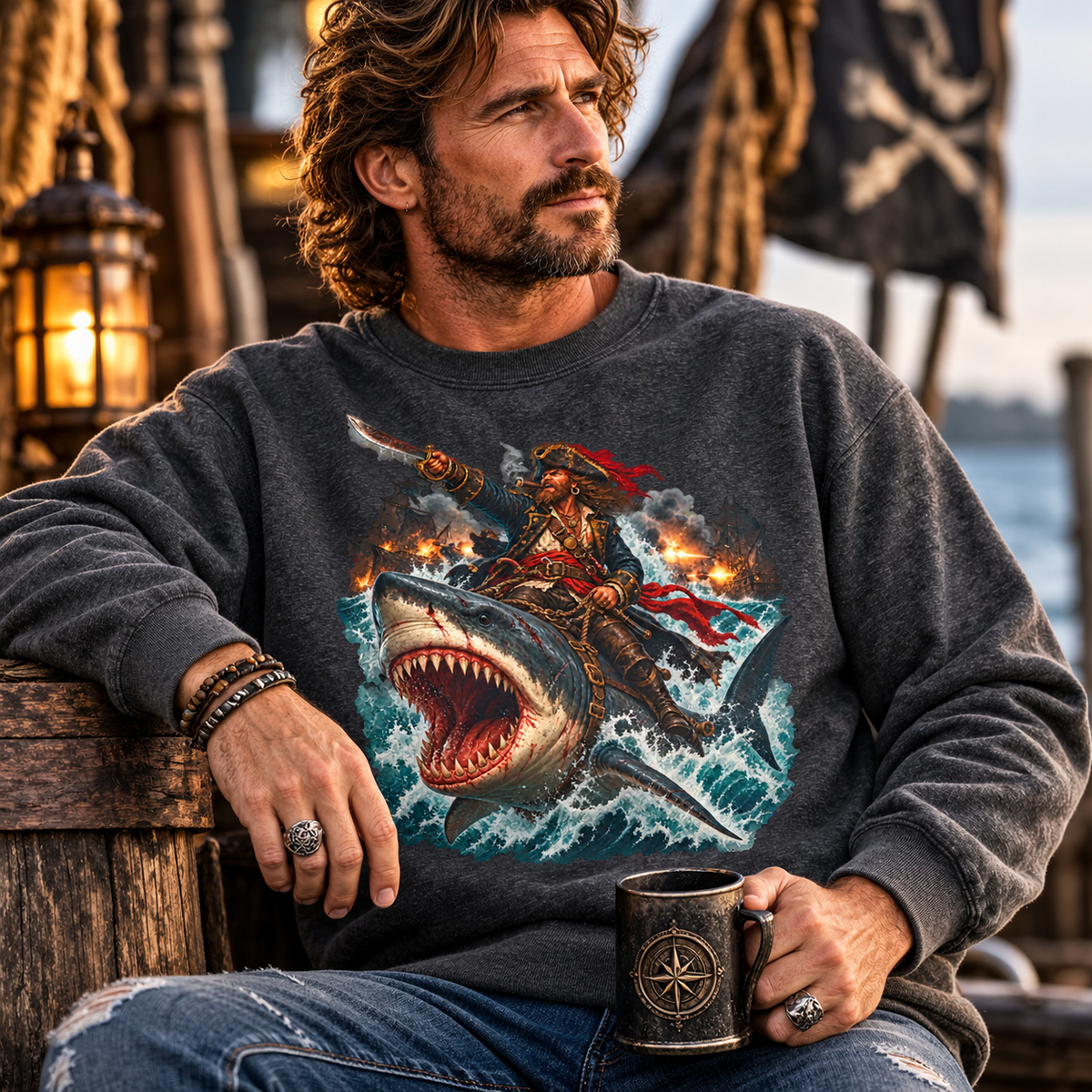 Officer Ashhole Shark Rider Sweatshirt: a bearded pirate with a lit cigar riding a great white shark through a burning sea battle, printed on a Gildan Softstyle crewneck - alternate view