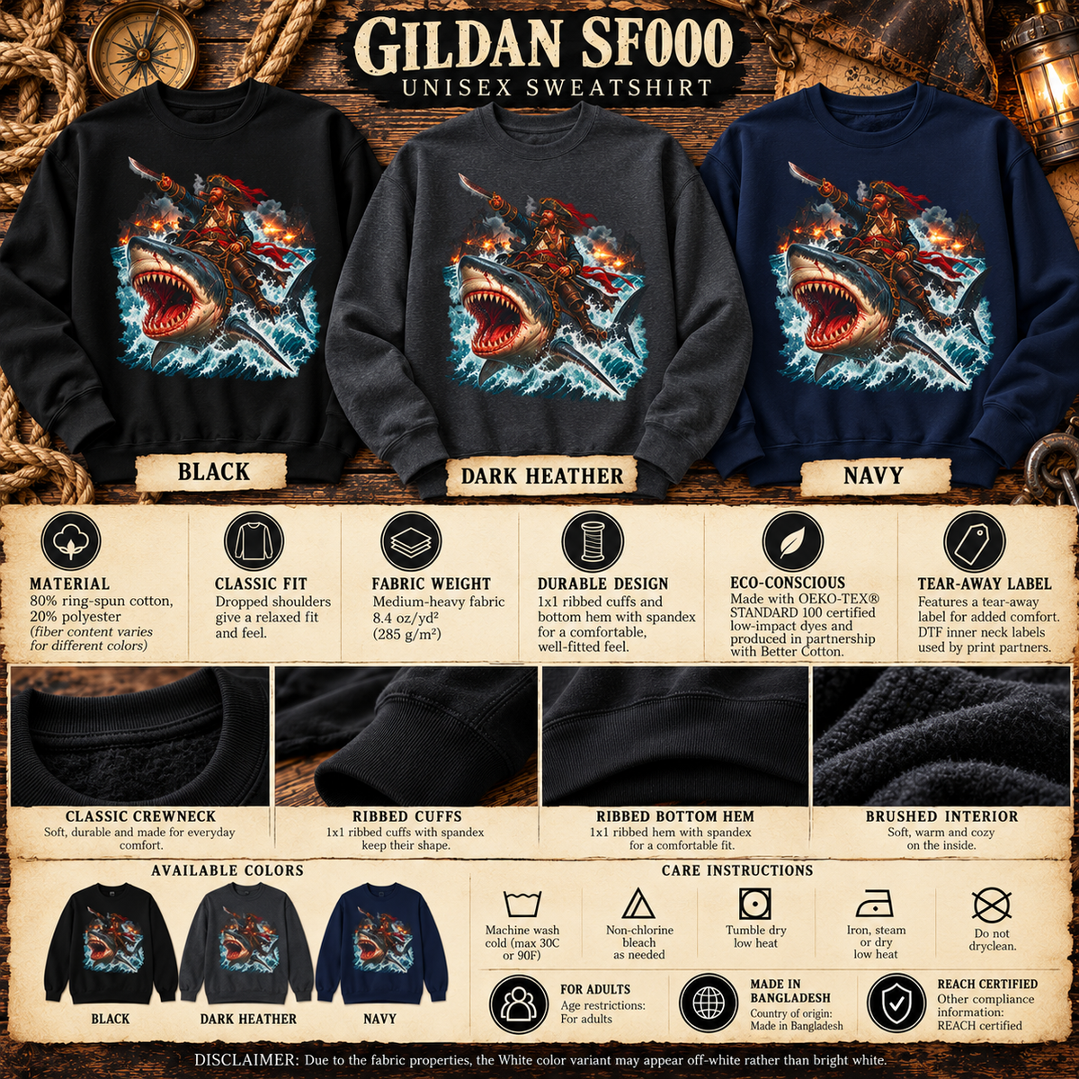 Officer Ashhole Shark Rider Sweatshirt: a bearded pirate with a lit cigar riding a great white shark through a burning sea battle, printed on a Gildan Softstyle crewneck - alternate view