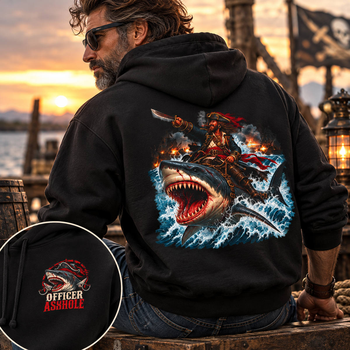 Officer Ashhole Shark Rider Hoodie: a bearded pirate with a lit cigar riding a great white shark through a burning sea battle, printed on a Gildan Softstyle pullover hoodie