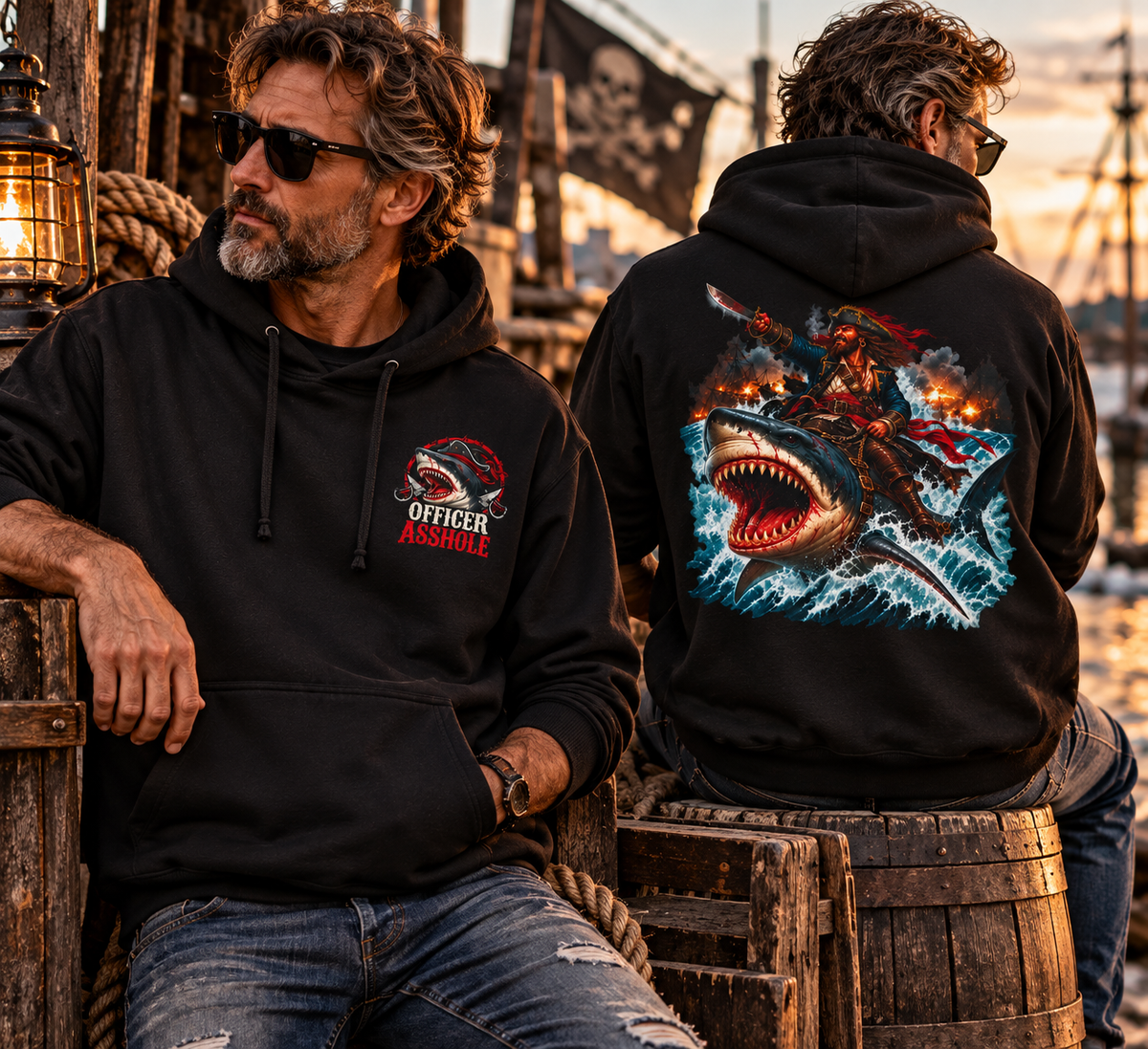 Officer Ashhole Shark Rider Hoodie: a bearded pirate with a lit cigar riding a great white shark through a burning sea battle, printed on a Gildan Softstyle pullover hoodie - alternate view