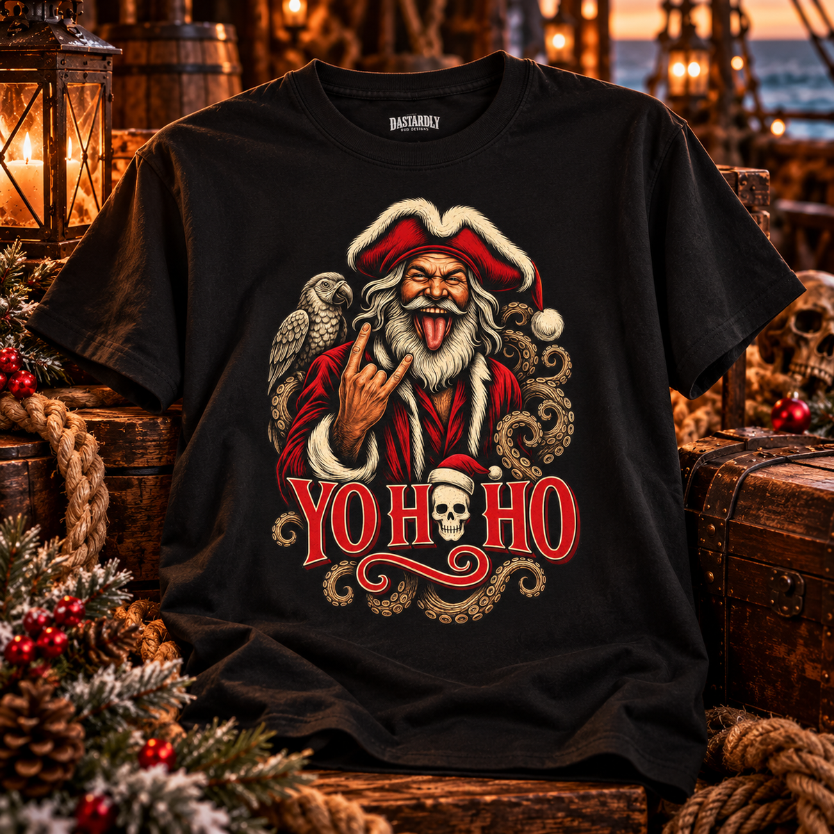 Yo Ho Ho pirate Santa t-shirt: Santa in a red pirate tricorn with his tongue out and rock horns up, a parrot on his shoulder, tentacles around him and YO HO HO with a Santa-hat skull, printed on the front of a black Gildan tee
