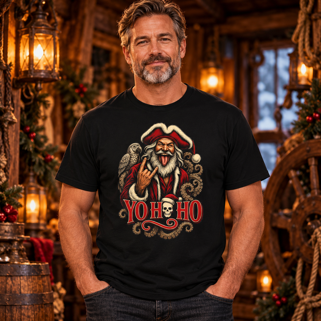 Yo Ho Ho pirate Santa rock and roll Christmas t-shirt, Gildan 5000 unisex tee - alternate view