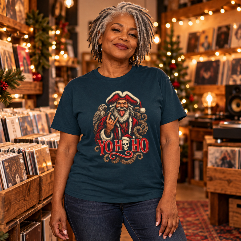 Yo Ho Ho pirate Santa rock and roll Christmas t-shirt, Gildan 5000 unisex tee - alternate view