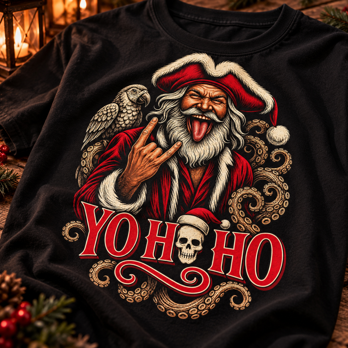Yo Ho Ho pirate Santa rock and roll Christmas t-shirt, Gildan 5000 unisex tee - alternate view