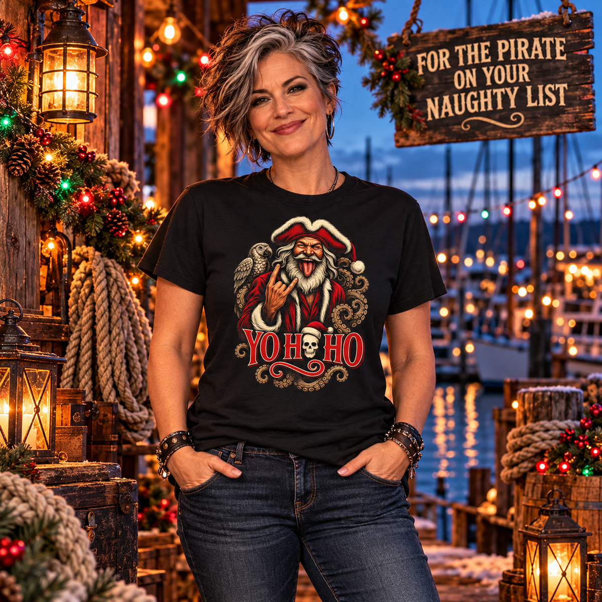 Yo Ho Ho pirate Santa rock and roll Christmas t-shirt, Gildan 5000 unisex tee - alternate view