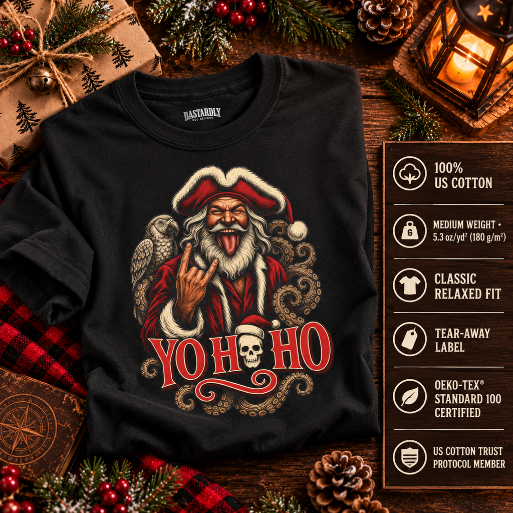 Yo Ho Ho pirate Santa rock and roll Christmas t-shirt, Gildan 5000 unisex tee - alternate view