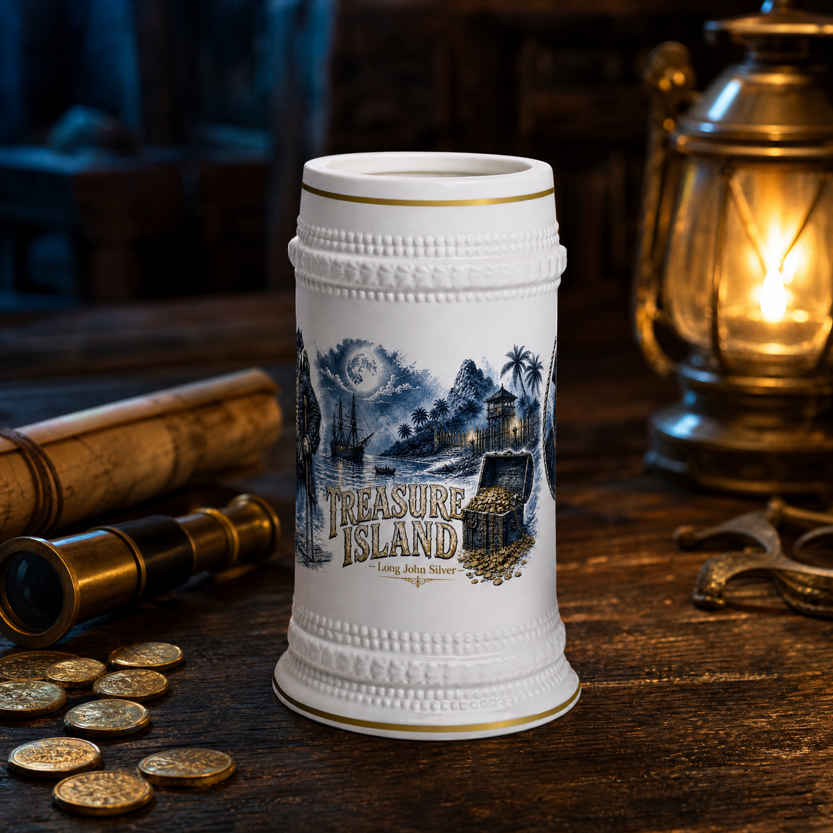 Treasure Island Beer Stein 22oz, a white ceramic stein with gold trim and a wraparound print of Long John Silver, a moonlit island with a schooner and stockade, and an open treasure chest
