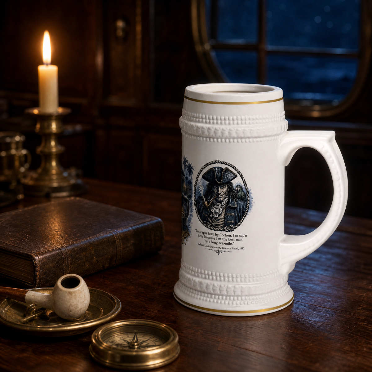 Treasure Island Beer Stein 22oz, a white ceramic stein with gold trim and a wraparound print of Long John Silver, a moonlit island and an open treasure chest, alternate view