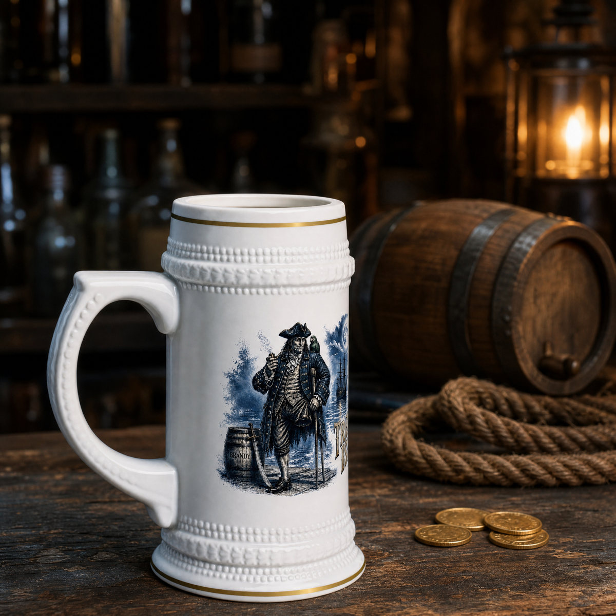 Treasure Island Beer Stein 22oz, a white ceramic stein with gold trim and a wraparound print of Long John Silver, a moonlit island and an open treasure chest, alternate view