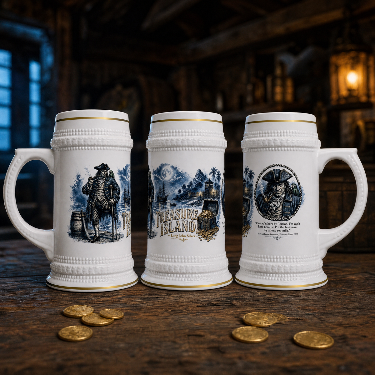 Treasure Island Beer Stein 22oz, a white ceramic stein with gold trim and a wraparound print of Long John Silver, a moonlit island and an open treasure chest, alternate view