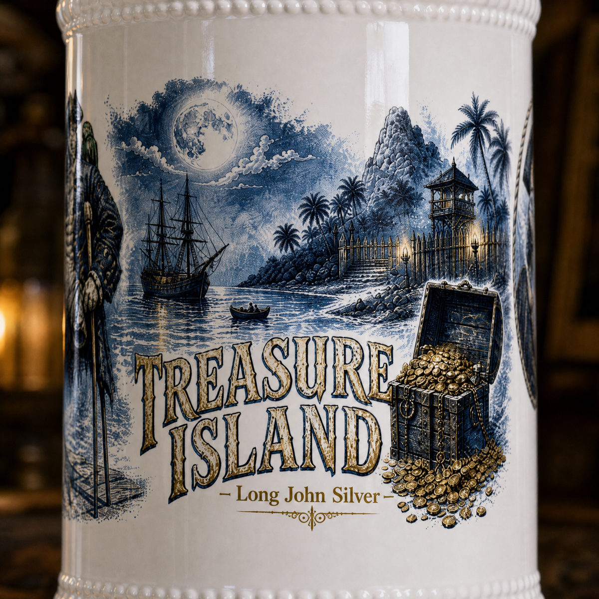Treasure Island Beer Stein 22oz, a white ceramic stein with gold trim and a wraparound print of Long John Silver, a moonlit island and an open treasure chest, alternate view