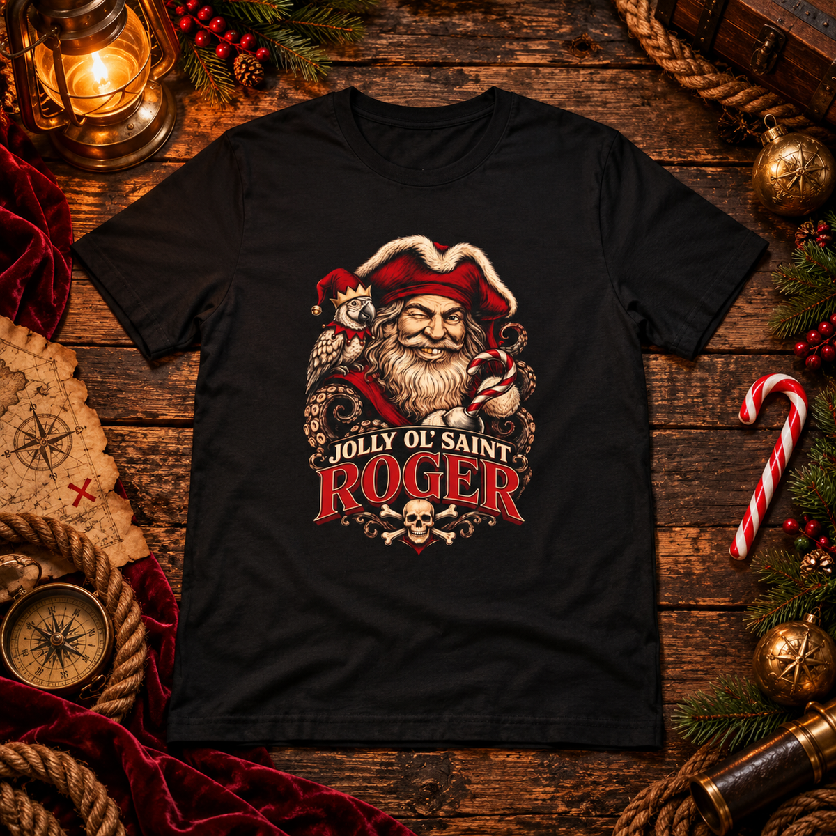 Jolly Ol' Saint Roger pirate Santa t-shirt: a winking pirate Santa in a red tricorn hat with a candy cane hook, a parrot in an elf cap, tentacles and a skull and crossbones, printed on the front of a black Bella+Canvas tee