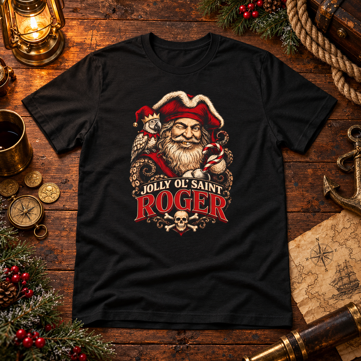 Jolly Ol' Saint Roger pirate Santa Christmas t-shirt, Bella+Canvas 3001 unisex tee - alternate view