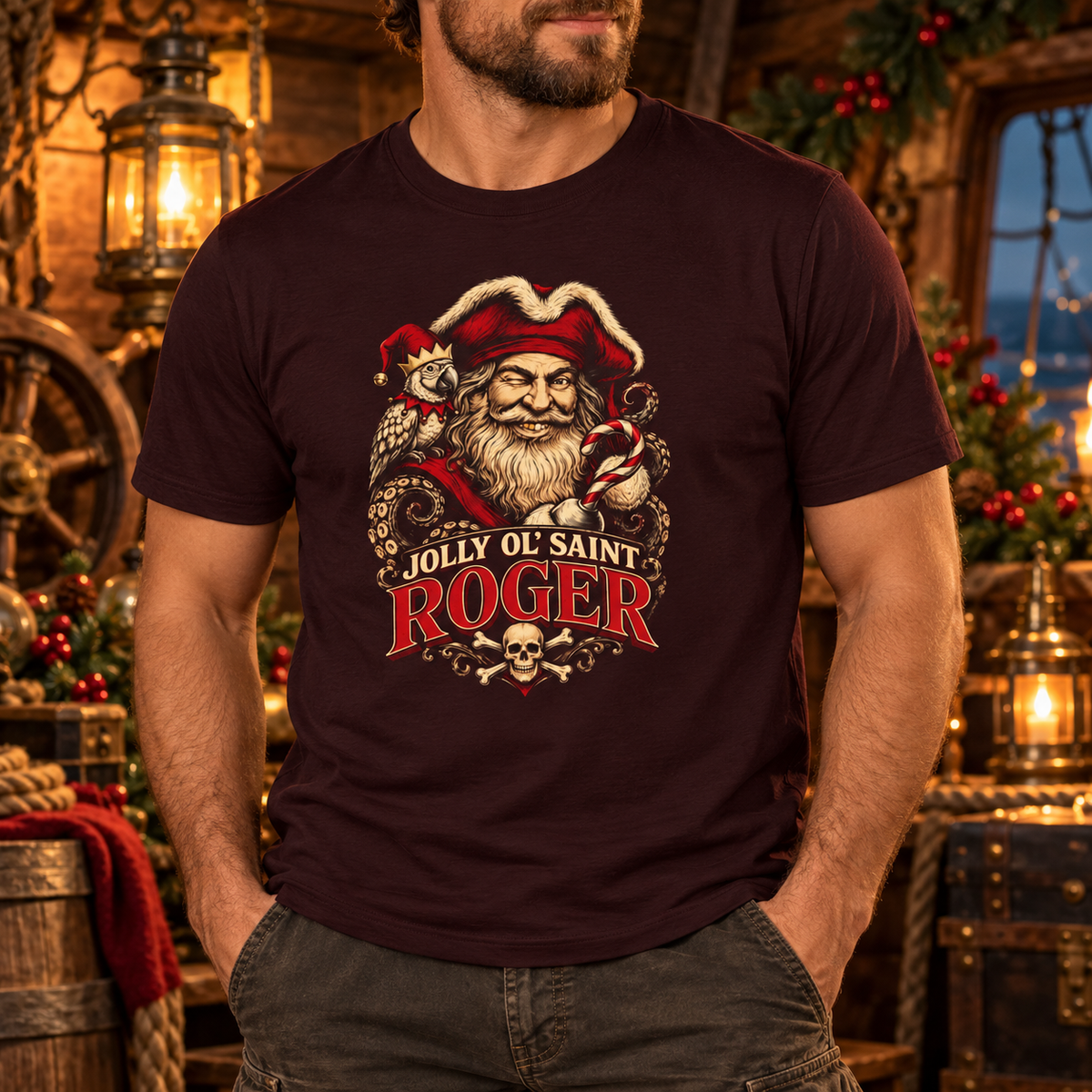 Jolly Ol' Saint Roger pirate Santa Christmas t-shirt, Bella+Canvas 3001 unisex tee - alternate view