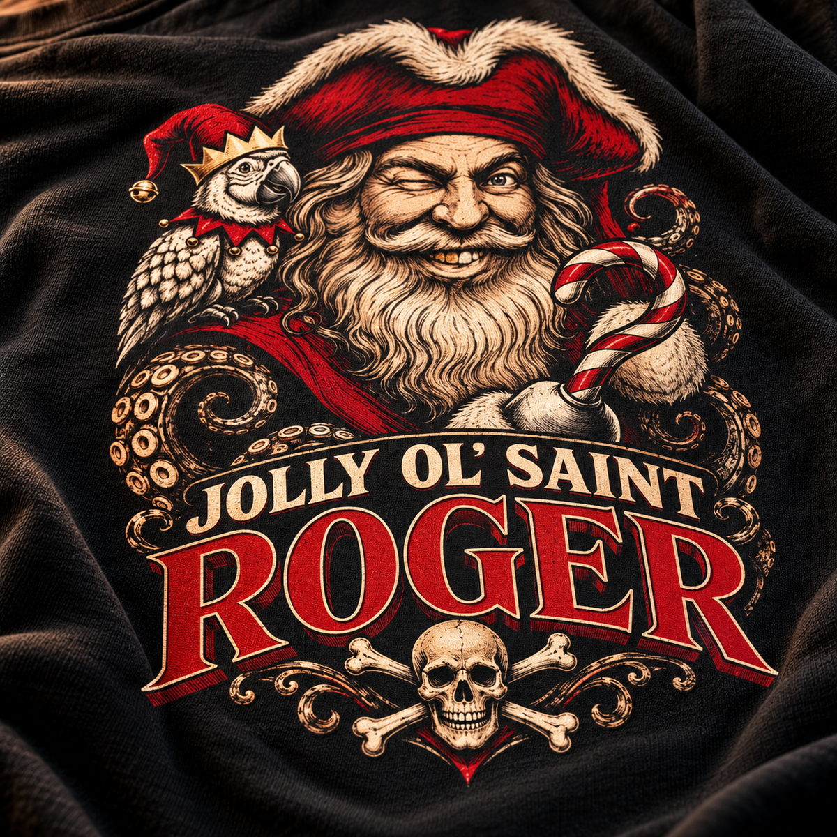 Jolly Ol' Saint Roger pirate Santa Christmas t-shirt, Bella+Canvas 3001 unisex tee - alternate view