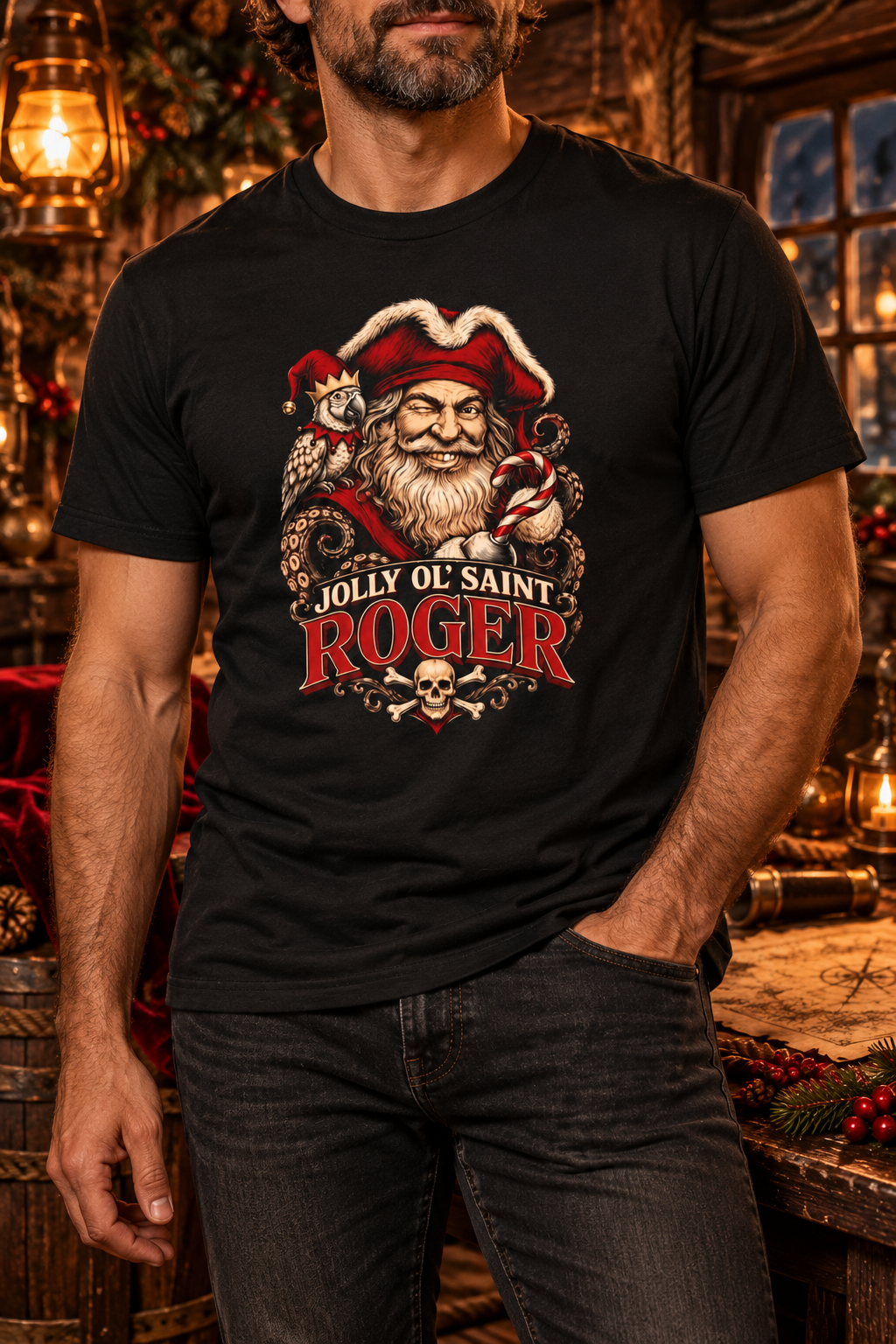 Jolly Ol' Saint Roger pirate Santa Christmas t-shirt, Bella+Canvas 3001 unisex tee - alternate view