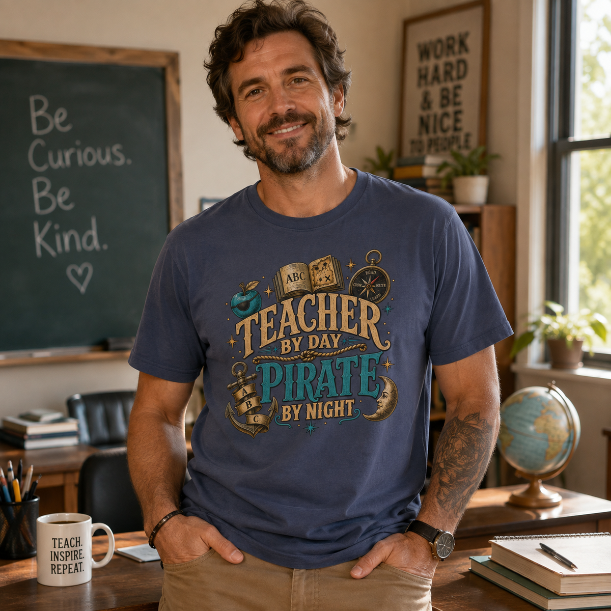 Teacher by Day Pirate by Night funny teacher shirt worn by a man in a classroom