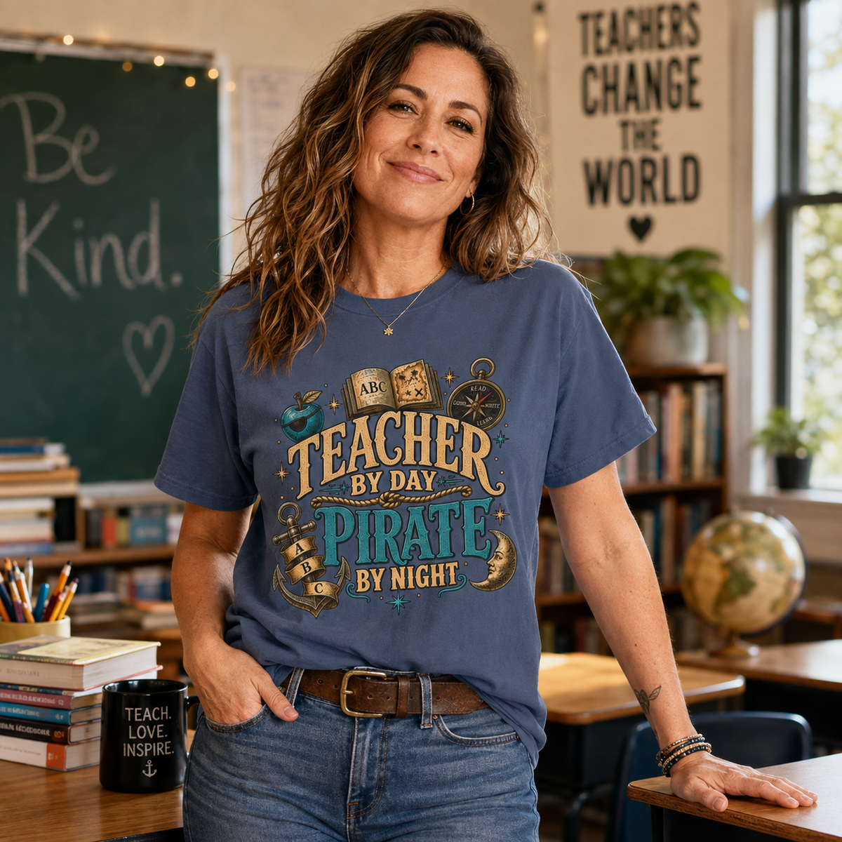 Teacher by Day Pirate by Night funny teacher shirt worn by a woman in a classroom