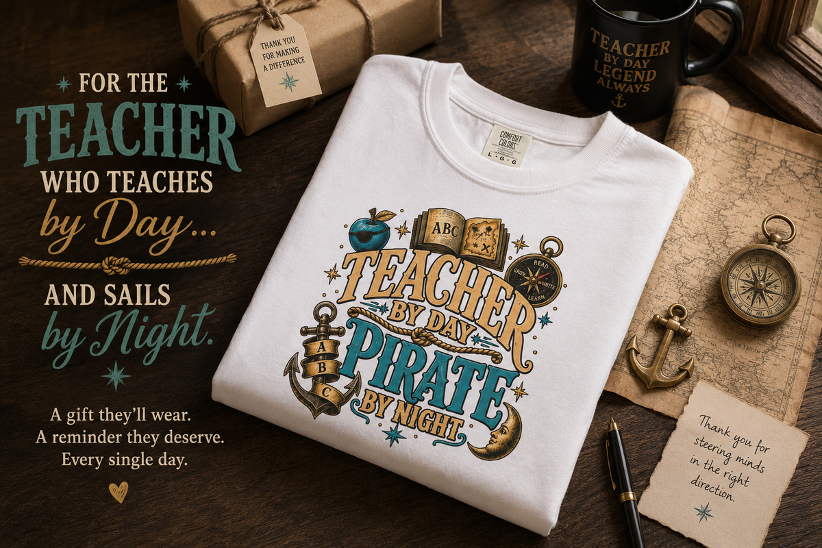 Teacher by Day Pirate by Night tee folded as a teacher gift, with a card for the teacher who teaches by day and sails by night