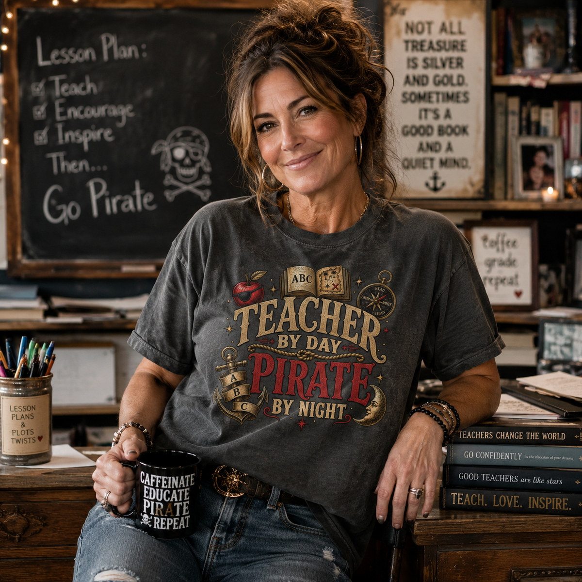 Teacher by Day Pirate by Night vintage tattoo t-shirt worn by a teacher at her desk in a classroom