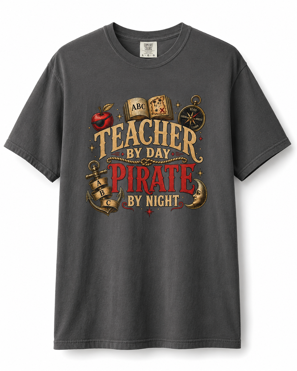 Teacher by Day Pirate by Night vintage tattoo graphic tee in a dark gray Comfort Colors shirt, front view